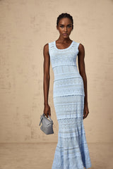 Mailys blue midi dress with crochet knit pattern and ruffled trim details