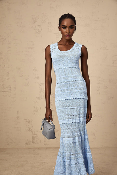 Mailys blue midi dress with crochet knit pattern and ruffled trim details