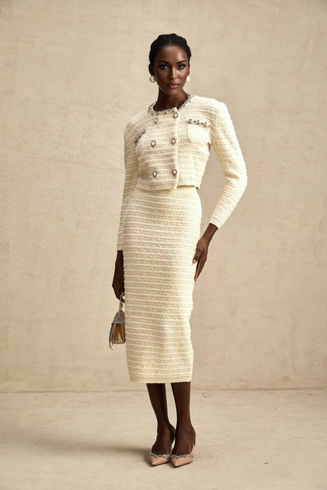 Matching knit cardigan and skirt set in light color featuring embellishments Justine style elegant womens outfit