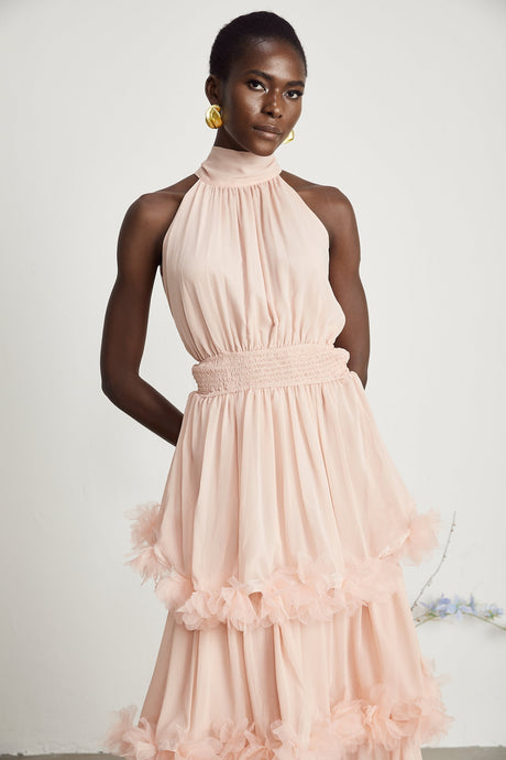 Micah pink 3Dpetal tiered midi dress