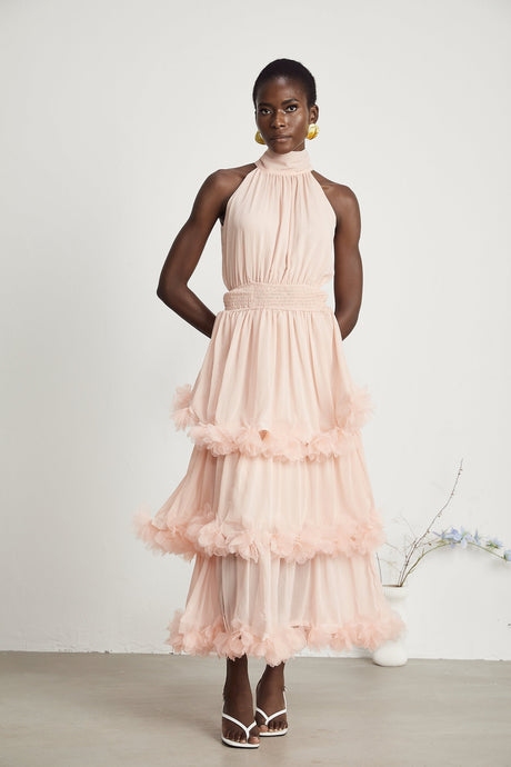 Micah pink 3Dpetal tiered midi dress