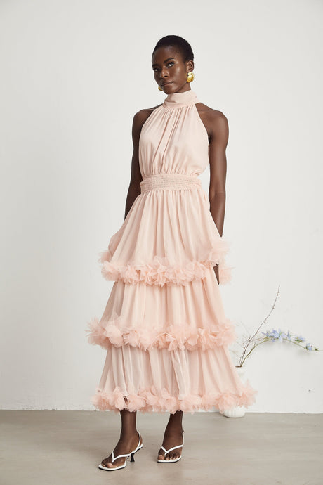 Micah pink 3Dpetal tiered midi dress
