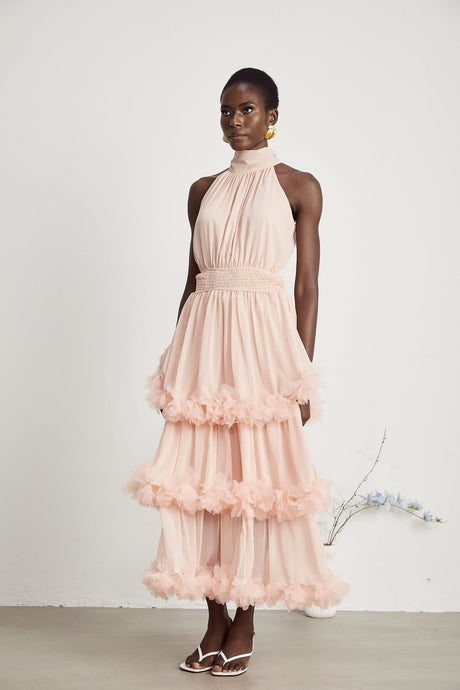 Micah pink 3Dpetal tiered midi dress