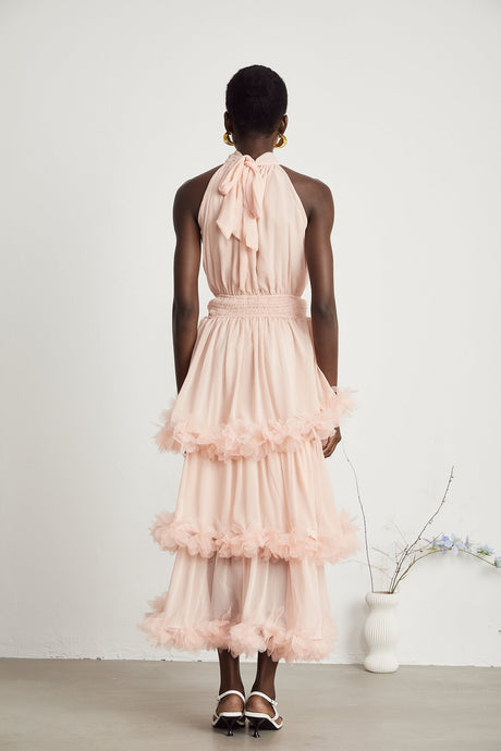 Micah pink 3Dpetal tiered midi dress