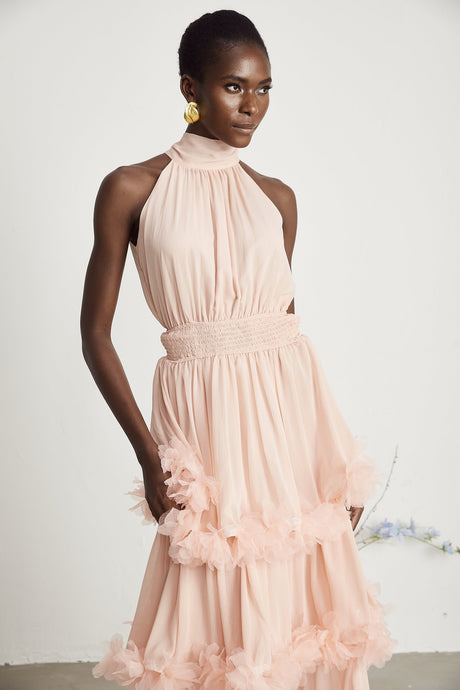 Micah pink 3Dpetal tiered midi dress