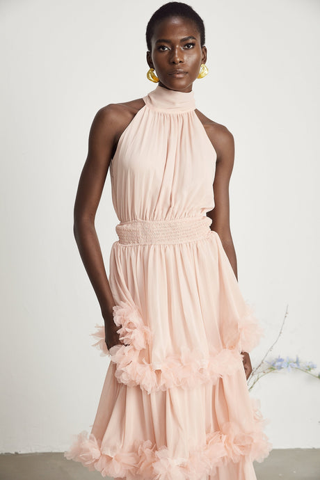 Micah pink 3Dpetal tiered midi dress