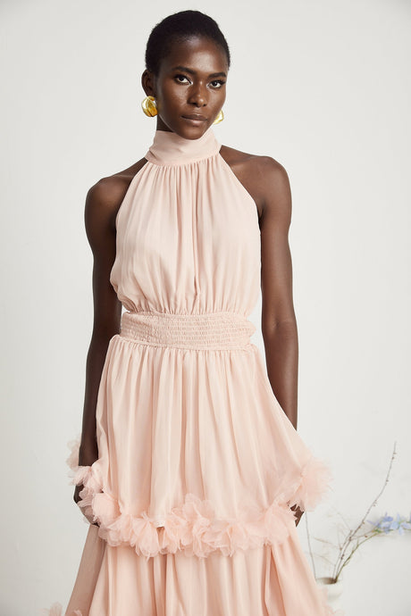 Micah pink 3Dpetal tiered midi dress