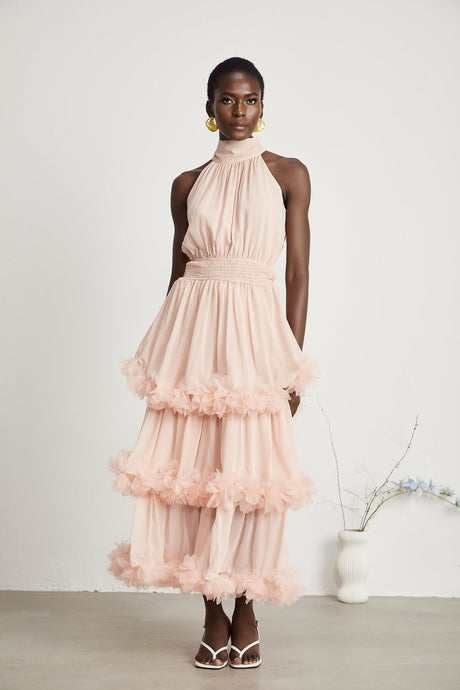 Micah pink 3Dpetal tiered midi dress