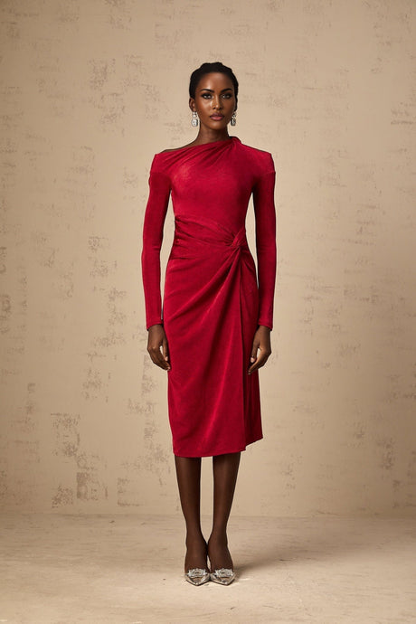 Monica red midi dress with high slit and gathered details