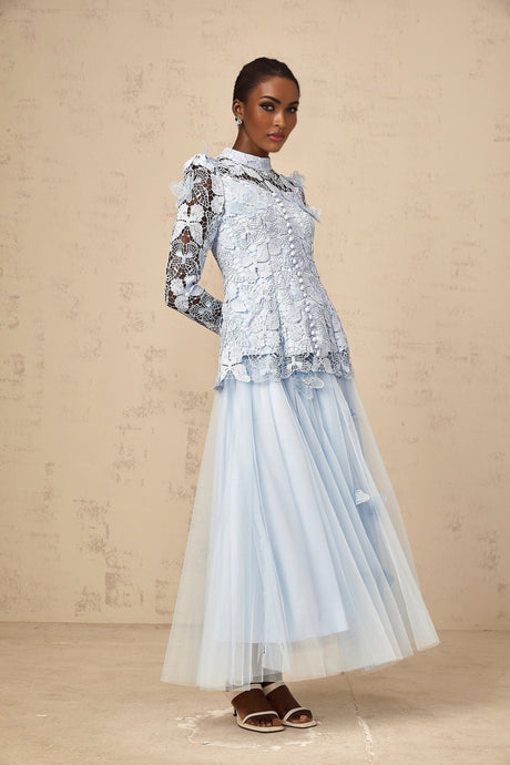 Nicolette blue matching set with sequined lace top and skirt