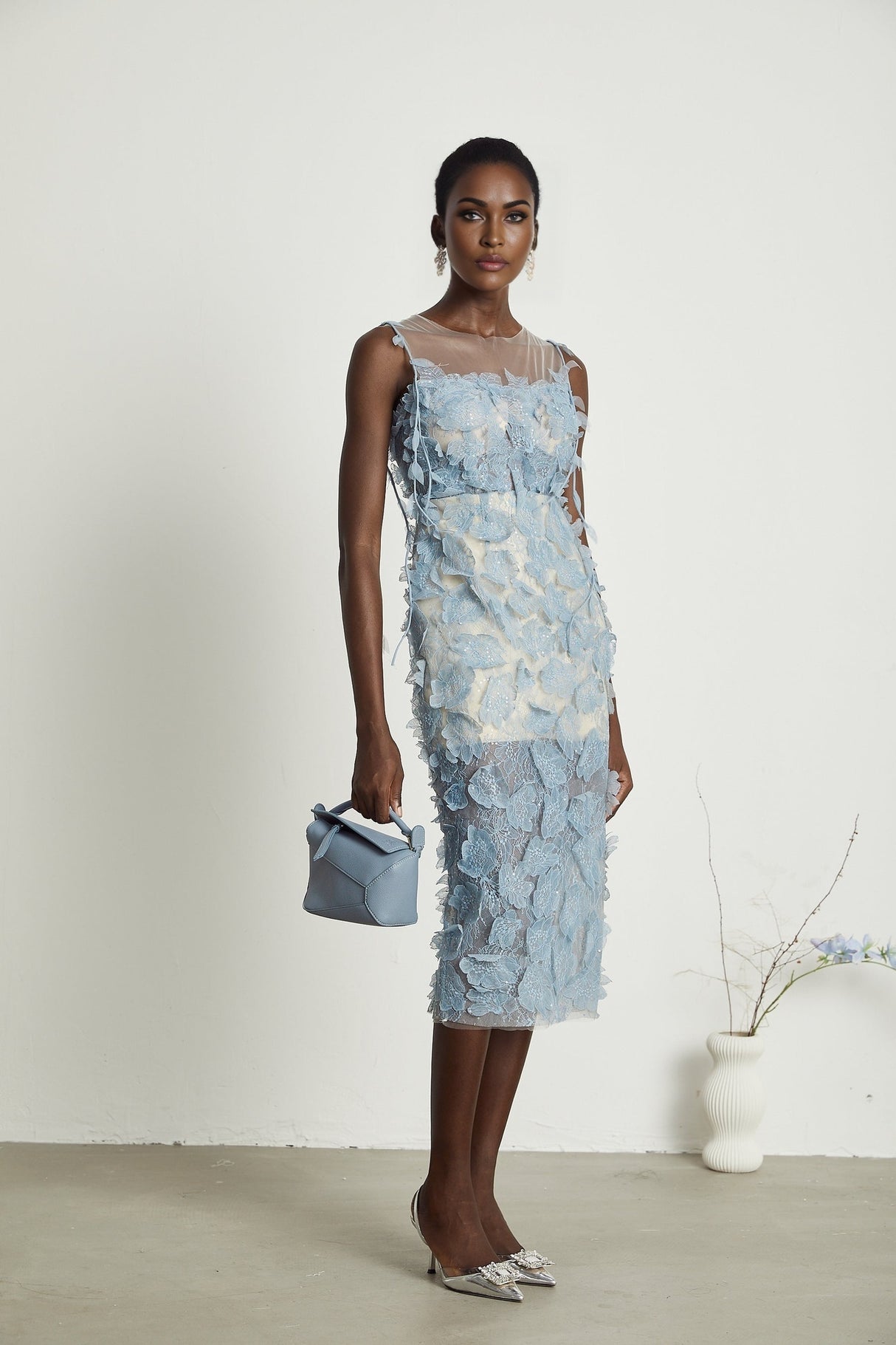Olessia fauxflower lace midi dress