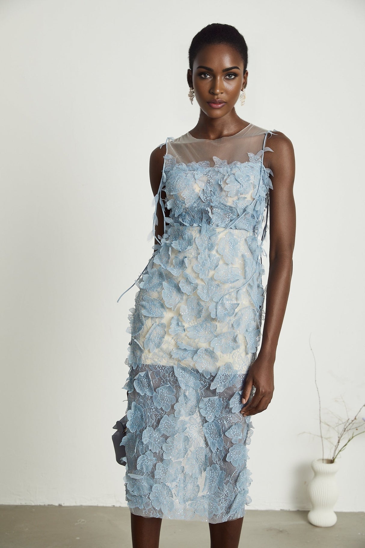 Olessia fauxflower lace midi dress