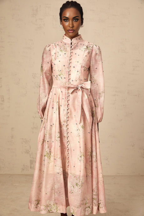 Pink floral print midi dress with embellishments called Narcisse