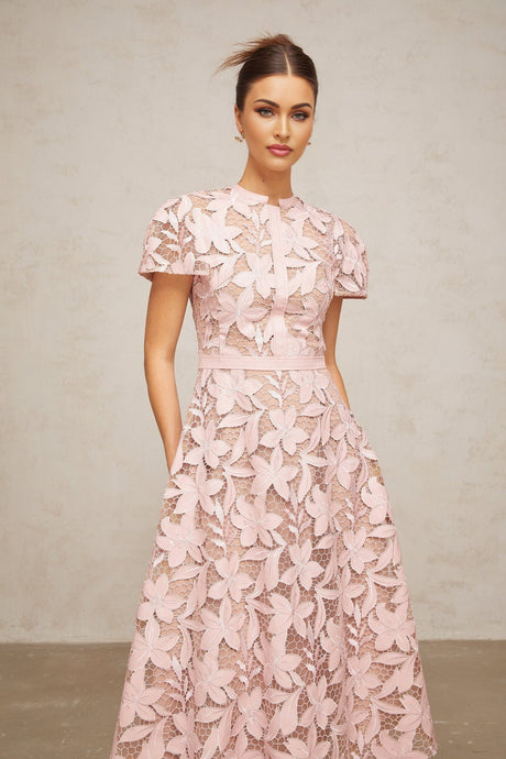 Pink lace midi dress with guipure detailing featuring a feminine silhouette and delicate floral patterns