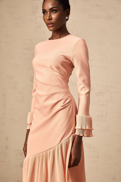 Pink midi dress with ruffled trim and panelled design by Fleurida