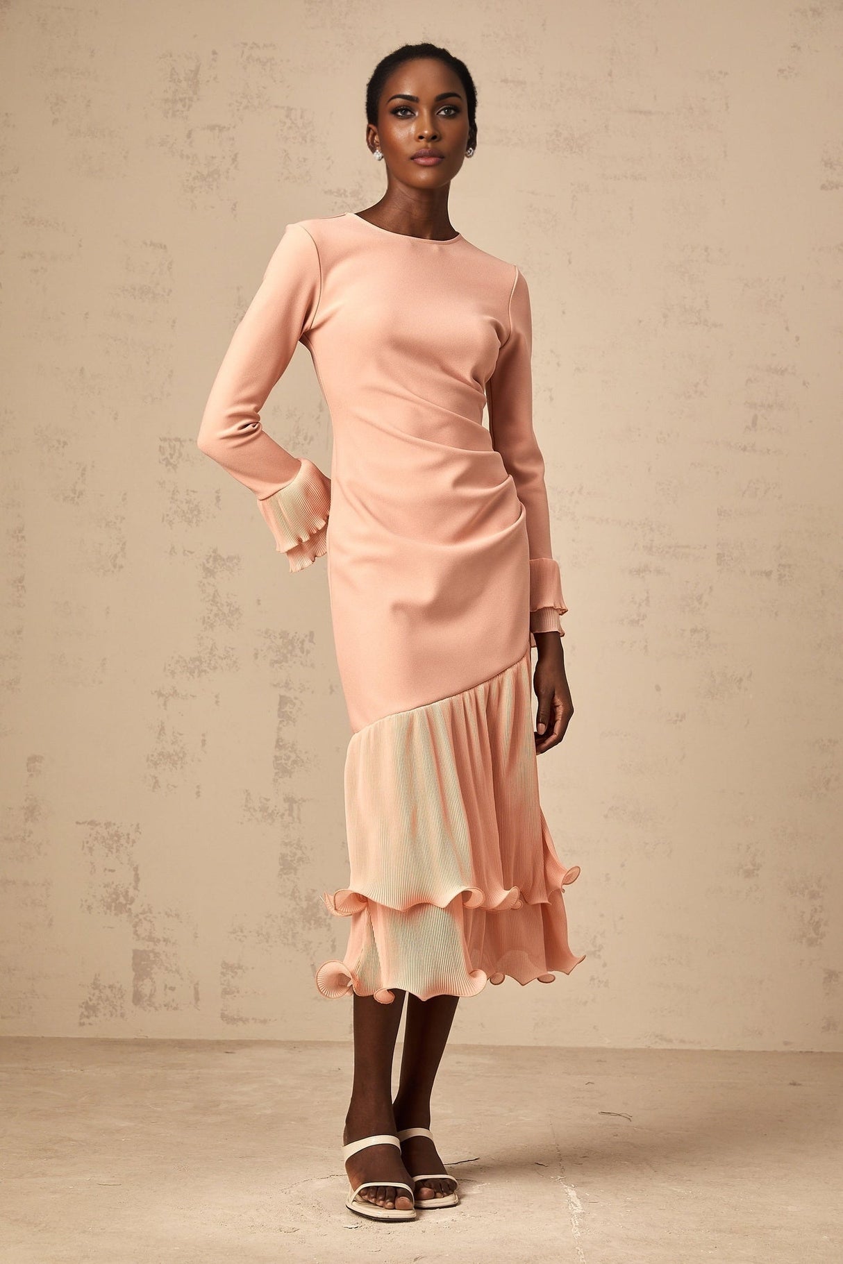 Pink midi dress with ruffled trim and panelled design from Fleurida