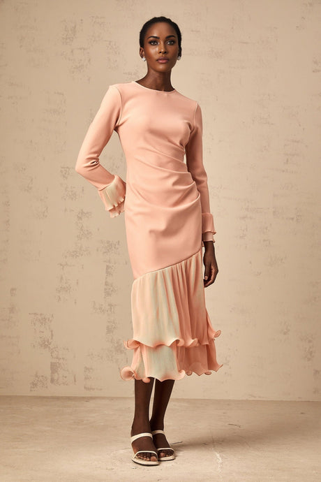 Pink midi dress with ruffled trim and panelled design from Fleurida