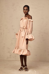 Pink midi dress with tied waist and ruffled details named Agathe