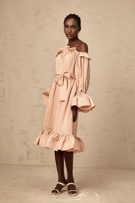 Pink midi dress with tied waist and ruffled details named Agathe