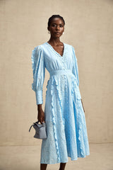 Raphaëlle blue openwork ruffled midi dress