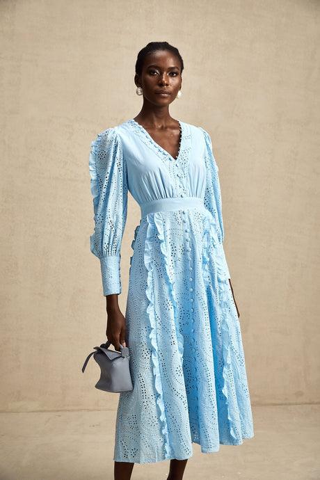 Raphaëlle blue openwork ruffled midi dress