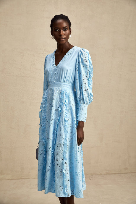 Raphaëlle blue openwork ruffled midi dress