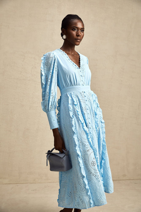 Raphaëlle blue openwork ruffled midi dress
