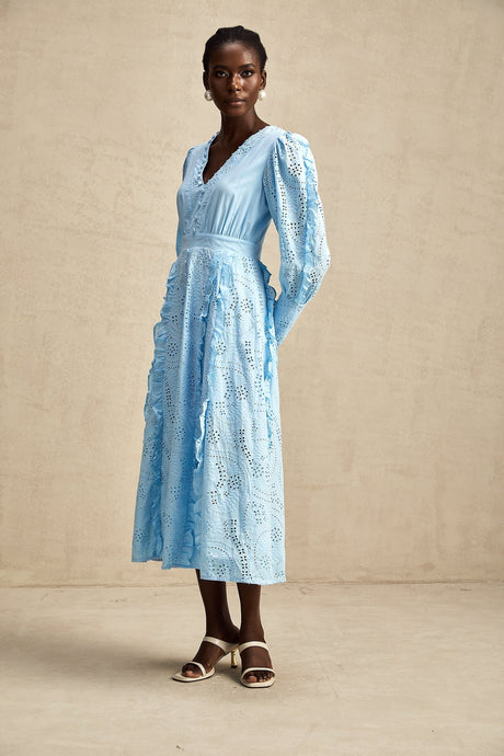 Raphaëlle blue openwork ruffled midi dress