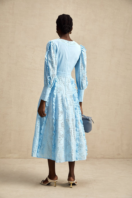 Raphaëlle blue openwork ruffled midi dress