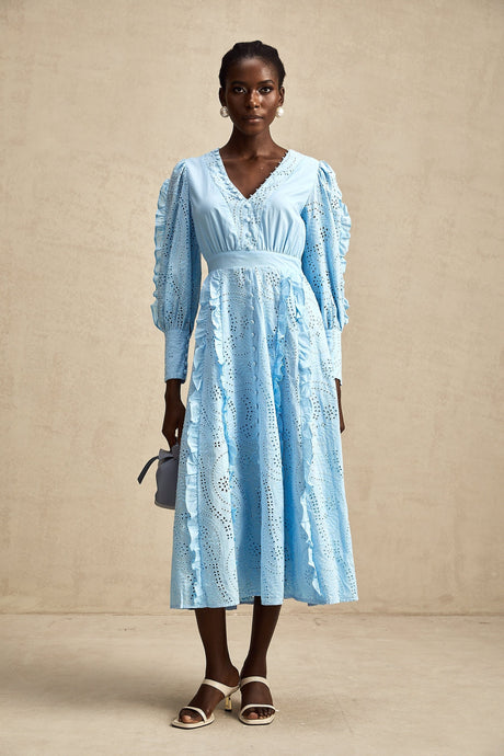 Raphaëlle blue openwork ruffled midi dress