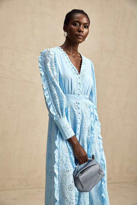 Raphaëlle blue openwork ruffled midi dress