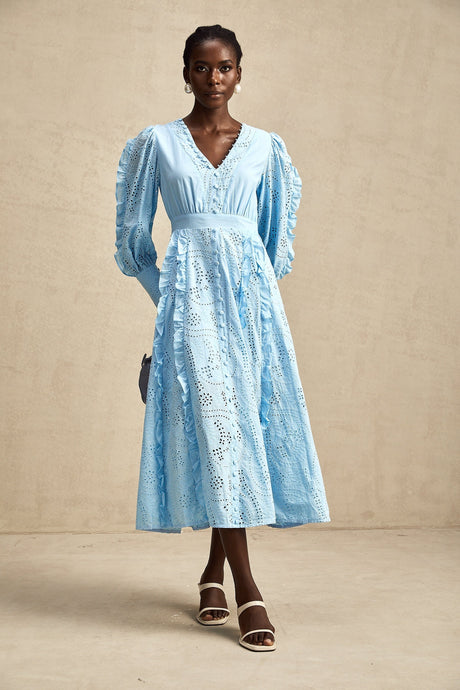 Raphaëlle blue openwork ruffled midi dress