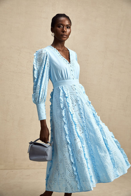 Raphaëlle blue openwork ruffled midi dress