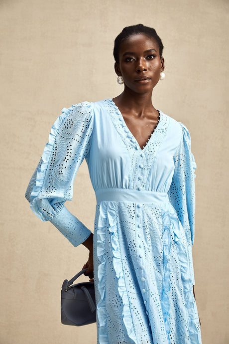 Raphaëlle blue openwork ruffled midi dress