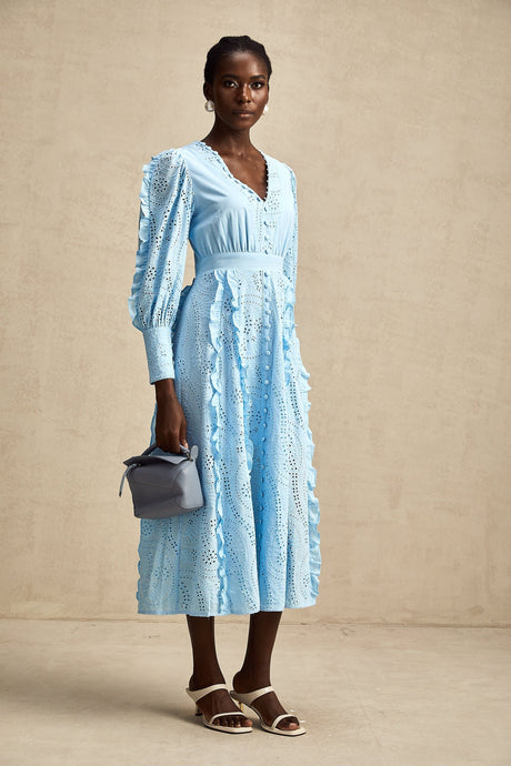 Raphaëlle blue openwork ruffled midi dress