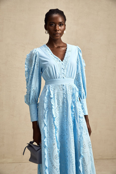 Raphaëlle blue openwork ruffled midi dress