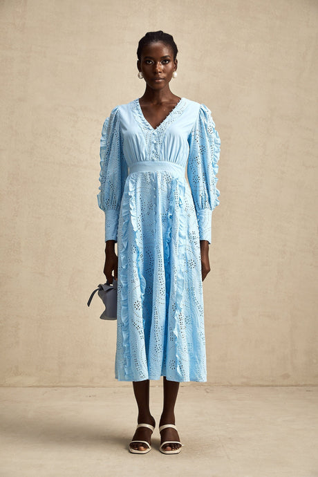 Raphaëlle blue openwork ruffled midi dress