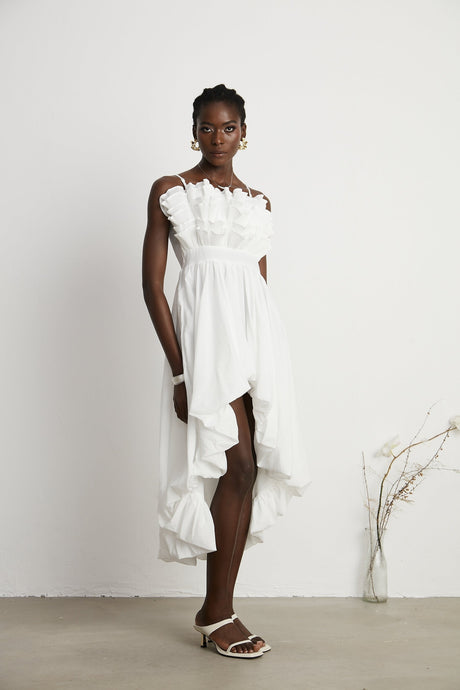 Raphaëlle white ruffled pleated midi dress