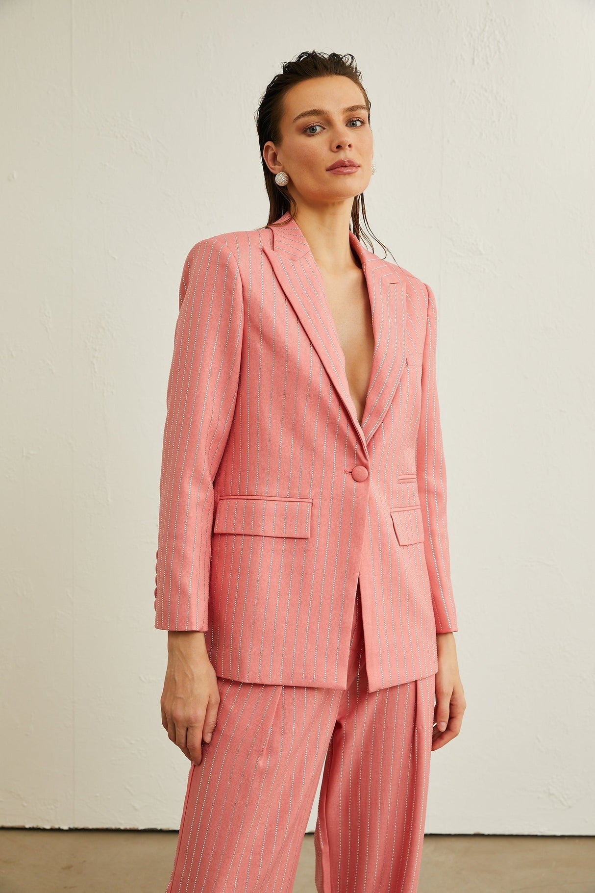 Sarah pink striped embellished jacket  trousers matching set