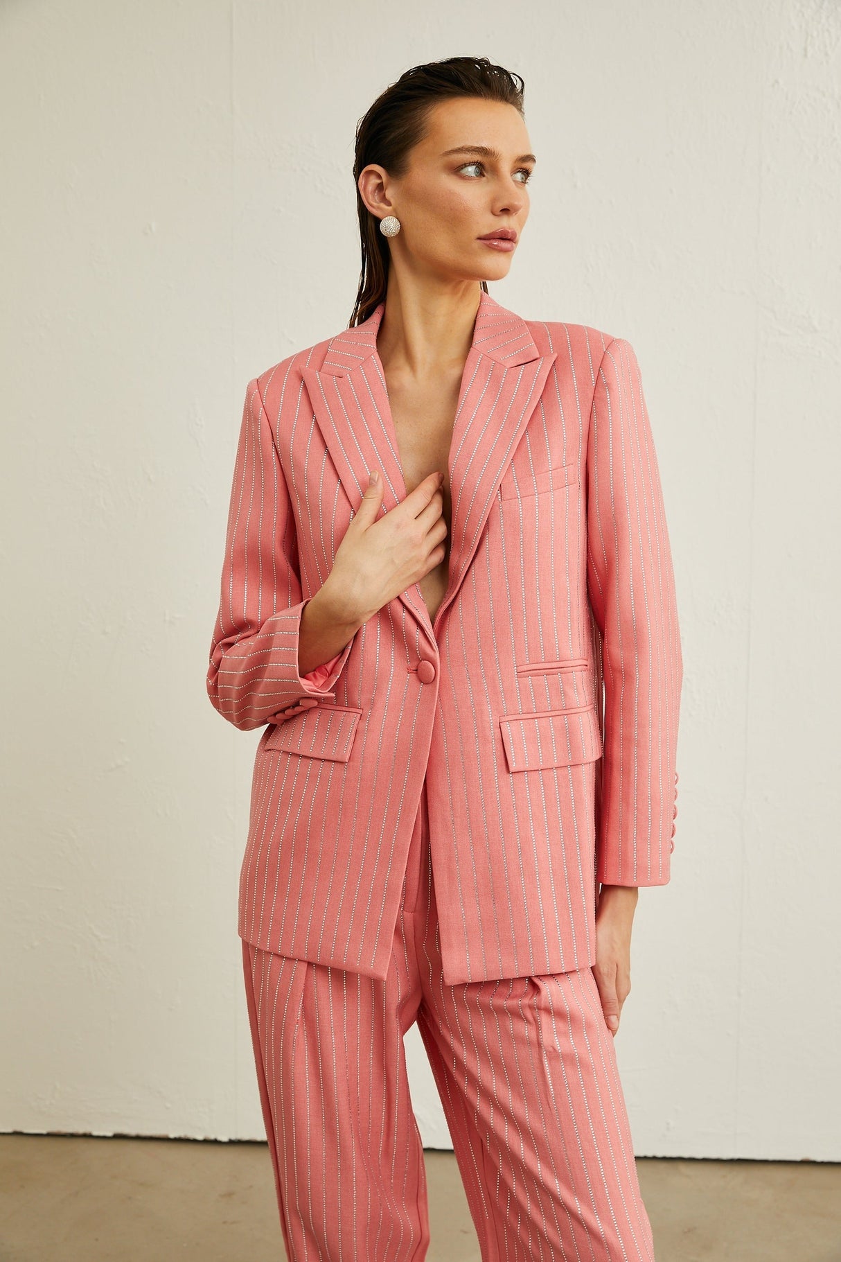 Sarah pink striped embellished jacket  trousers matching set