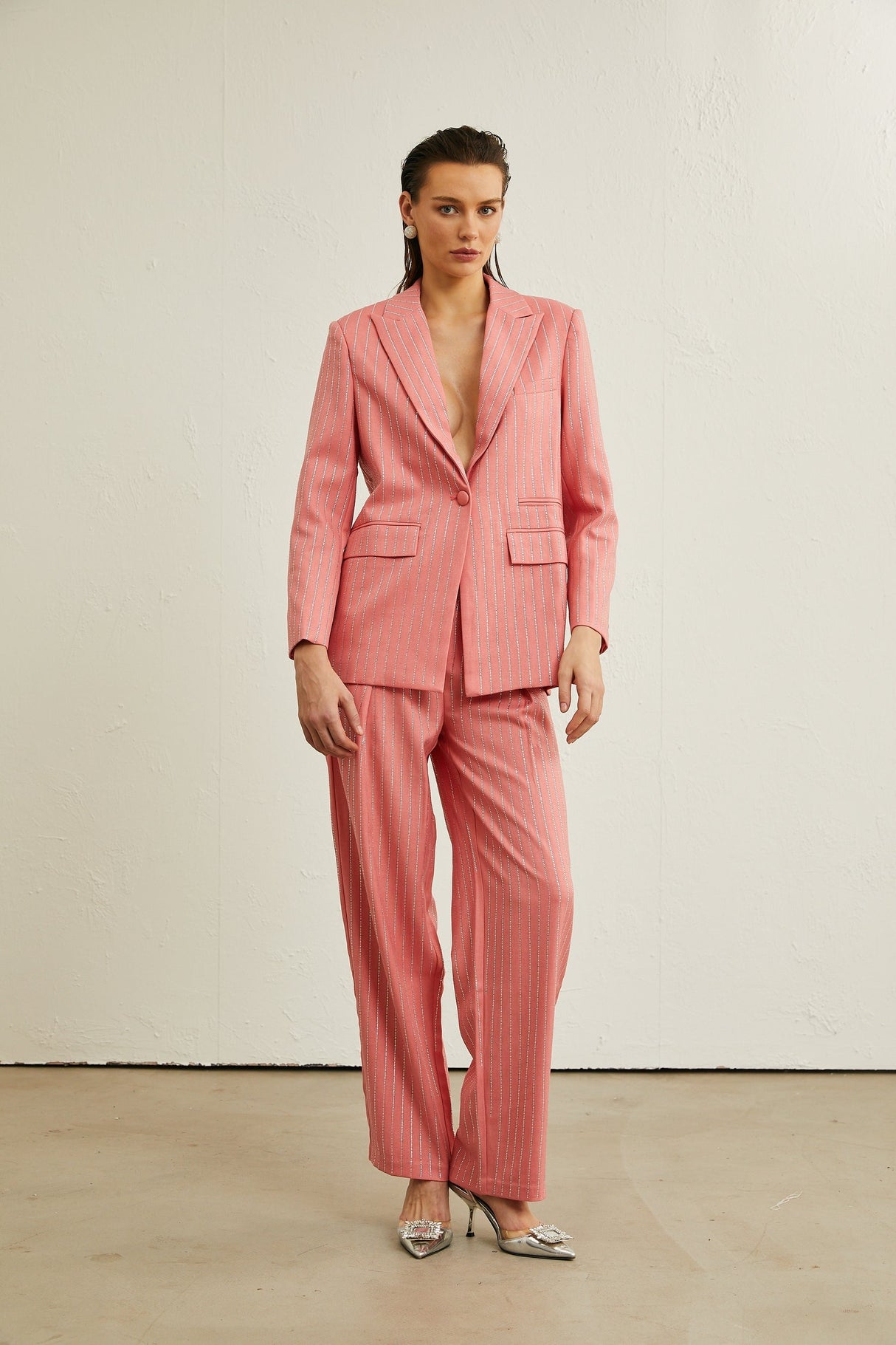 Sarah pink striped embellished jacket  trousers matching set