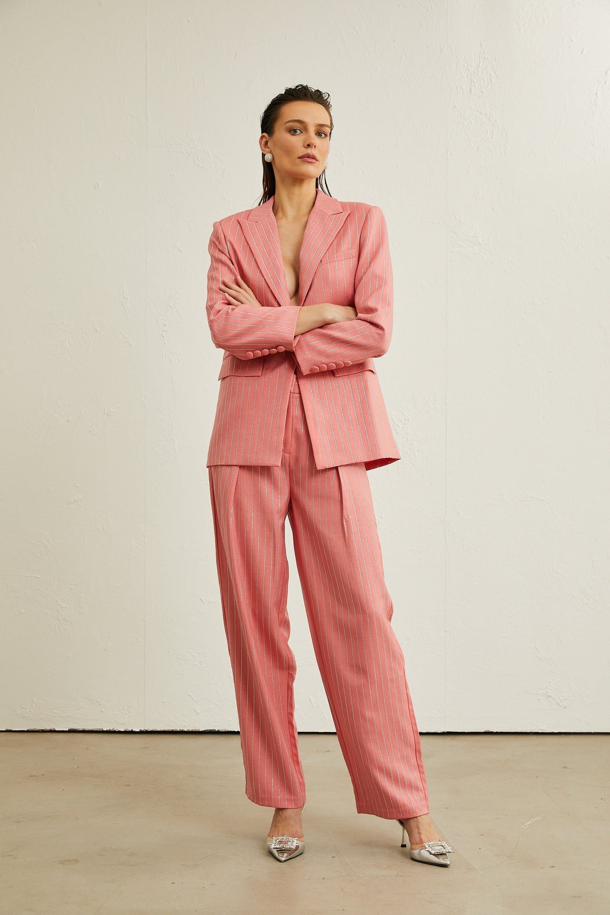 Sarah pink striped embellished jacket  trousers matching set