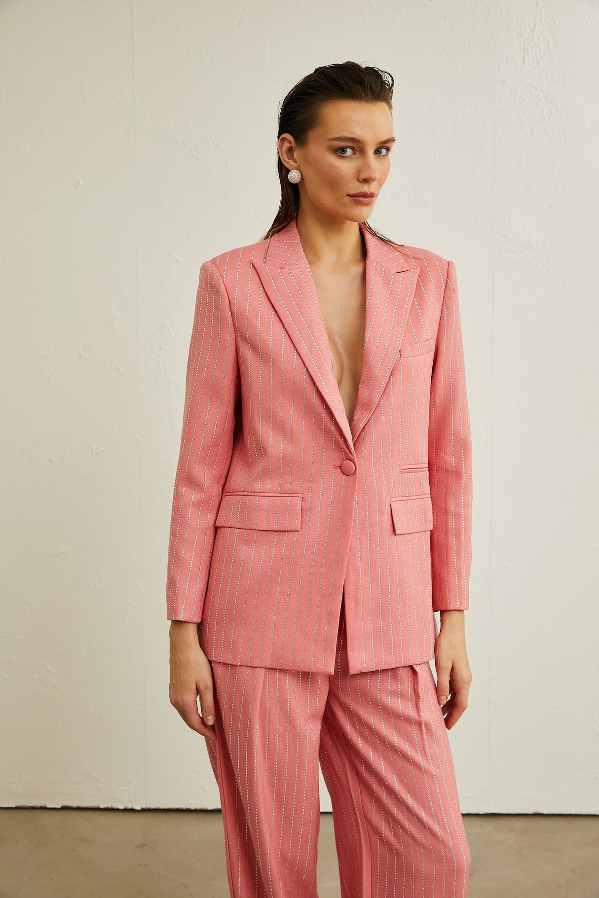 Sarah pink striped embellished jacket  trousers matching set