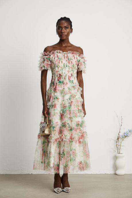 Suzette floralprint tiered midi dress