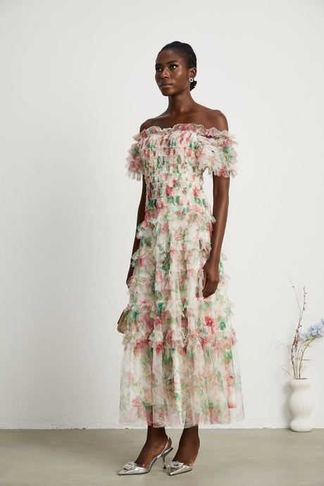 Suzette floralprint tiered midi dress