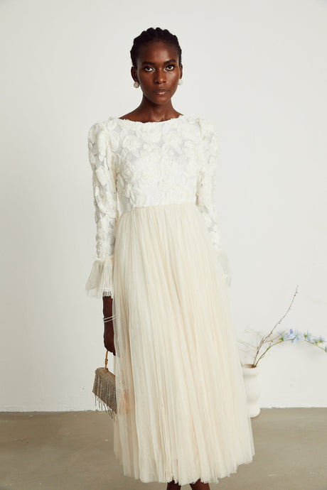 Thibaulte pleated lacefloral midi dress
