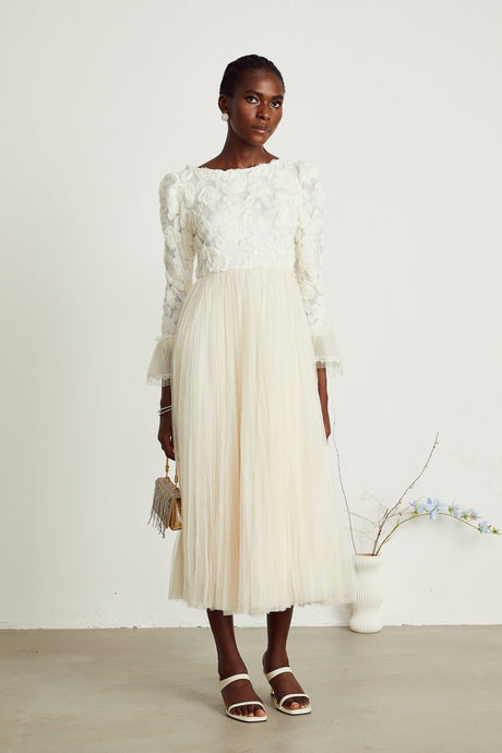 Thibaulte pleated lacefloral midi dress