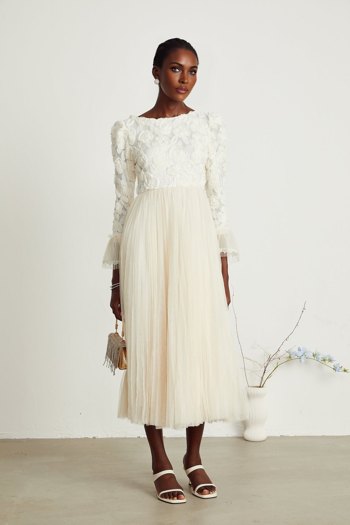 Thibaulte pleated lacefloral midi dress