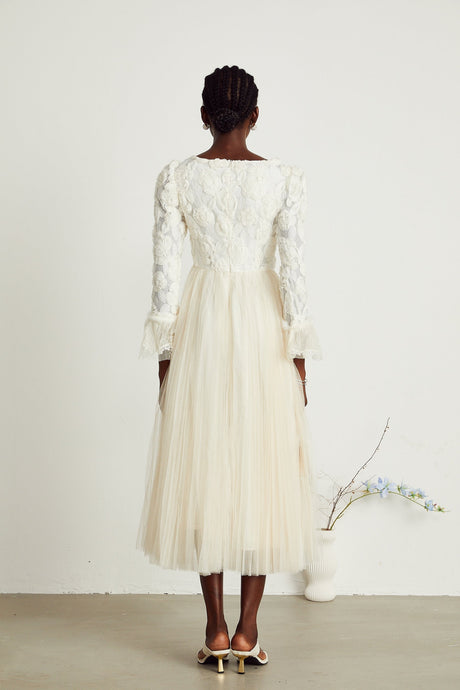 Thibaulte pleated lacefloral midi dress