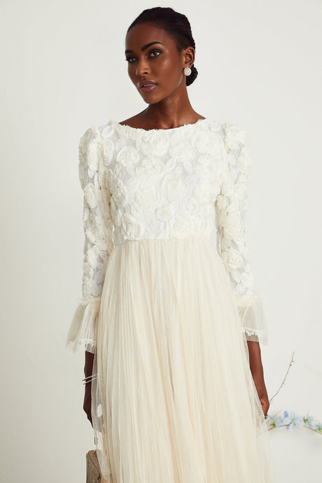Thibaulte pleated lacefloral midi dress